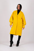 Yellow cashmere-feel coat with puff sleeves and lapel collar - button closure, lined side pockets, Pasha | EUG Fashion #yellow
