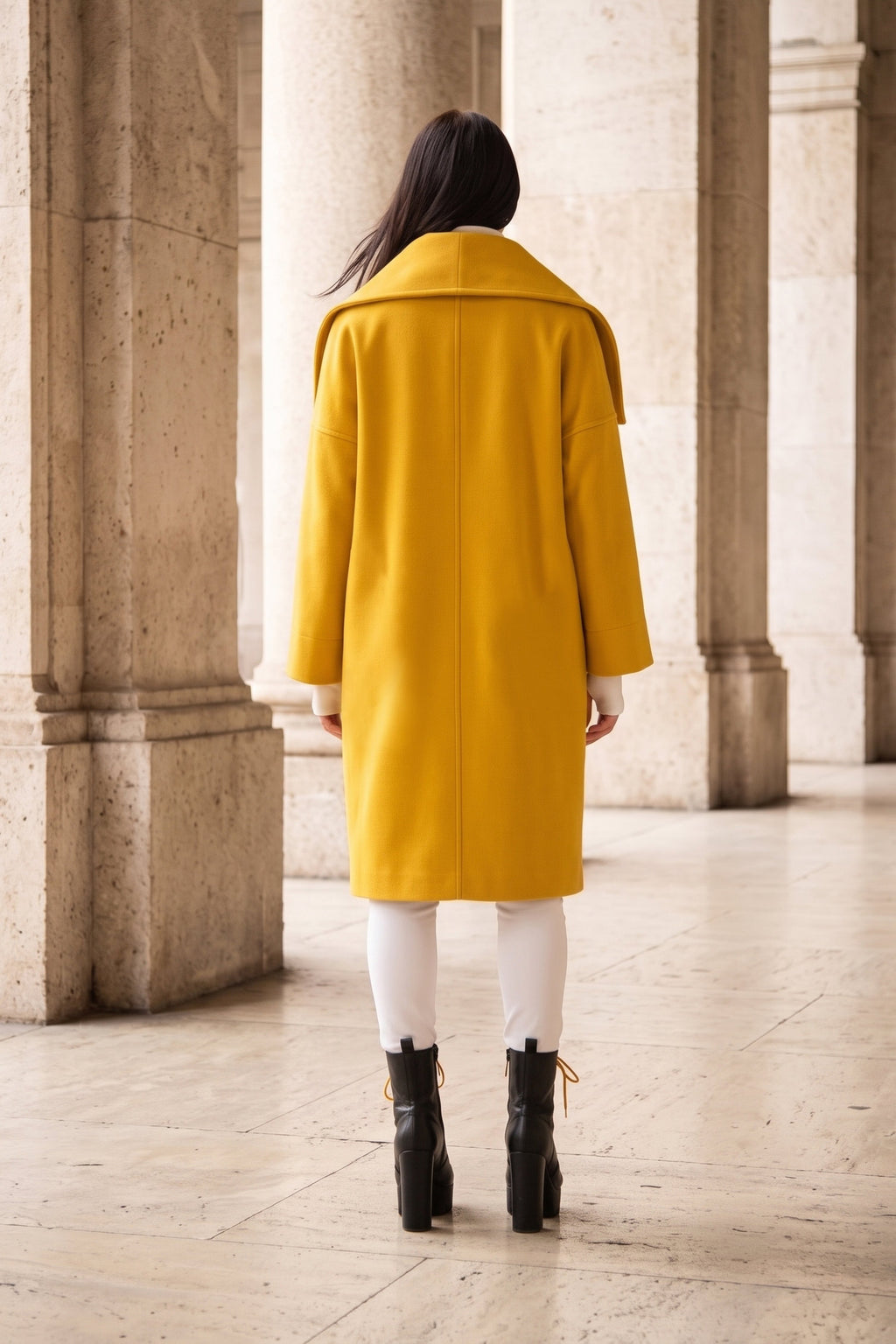 Yellow wide cape coat Helen with shawl collar open front - EUG Fashion #yellow
