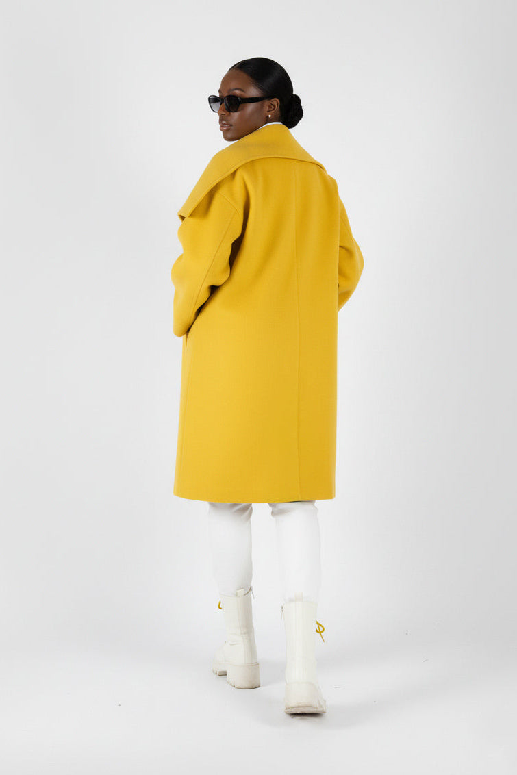 Yellow wide cape coat Helen with shawl collar open front - EUG Fashion #yellow
