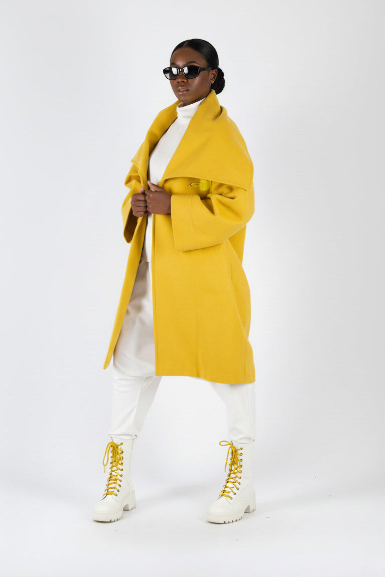 Yellow wide cape coat Helen with shawl collar open front - EUG Fashion #yellow
