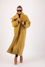 Yellow and light grey houndstooth winter coat Ofelia with belt - EUG Fashion #yellow