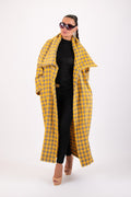 Yellow and light grey houndstooth winter coat Ofelia with belt - EUG Fashion #yellow
