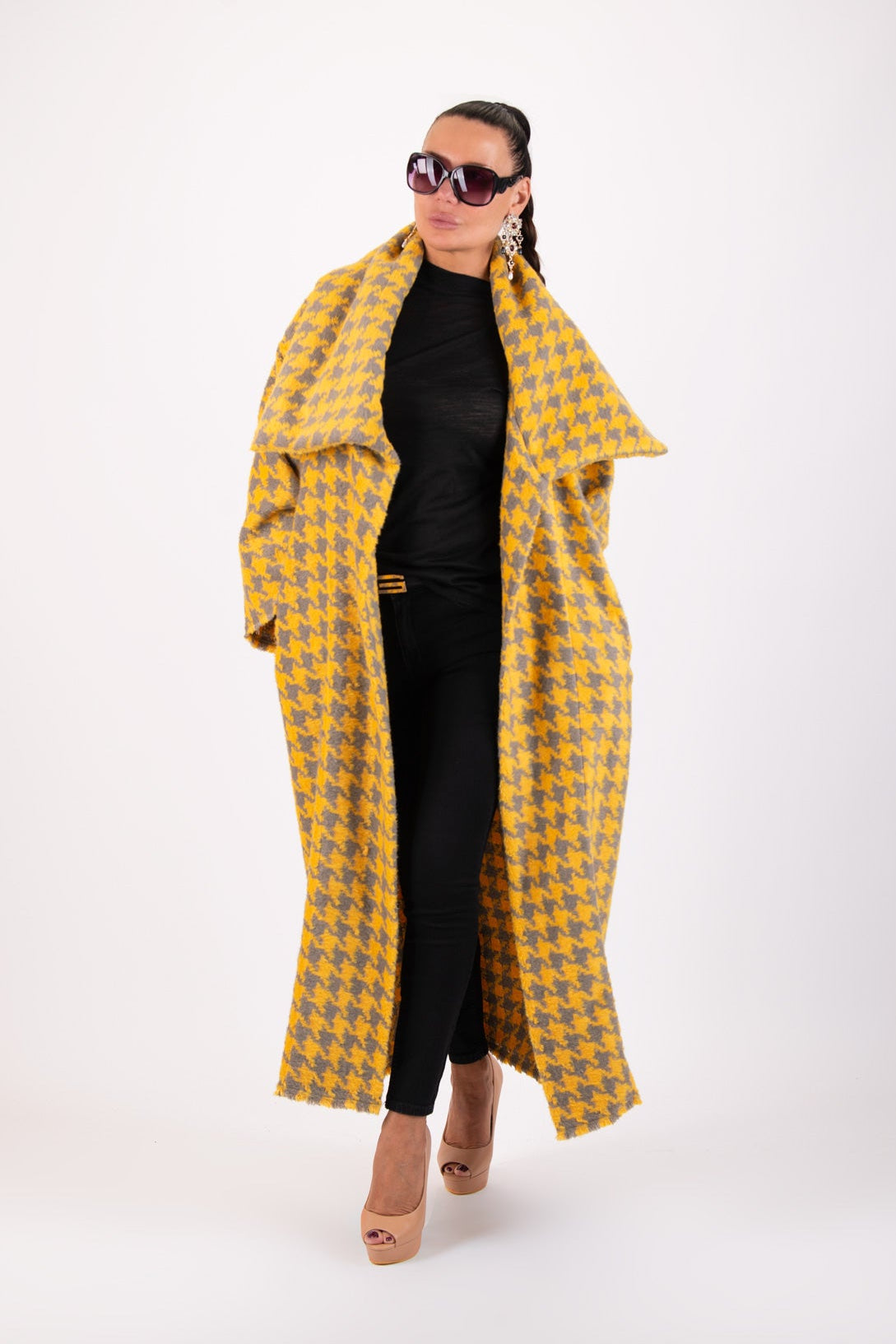 Yellow and light grey houndstooth winter coat Ofelia with belt - EUG Fashion #yellow
