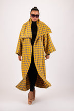 Yellow and light grey houndstooth winter coat Ofelia with belt - EUG Fashion #yellow