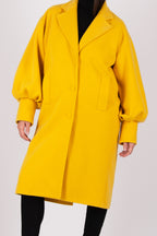 Yellow cashmere-feel coat with puff sleeves and lapel collar - button closure, lined side pockets, Pasha | EUG Fashion #yellow