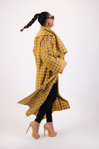 Yellow and light grey houndstooth winter coat Ofelia with belt - EUG Fashion #yellow