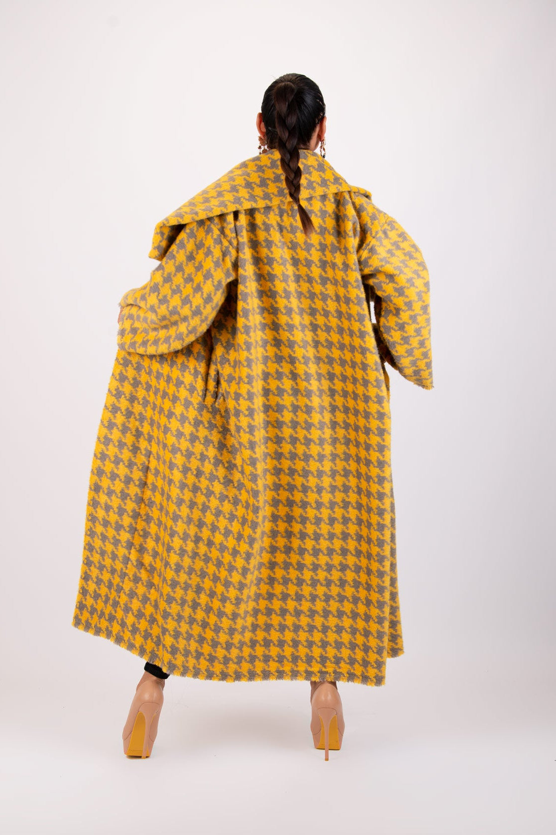 Yellow and light grey houndstooth winter coat Ofelia with belt - EUG Fashion #yellow
