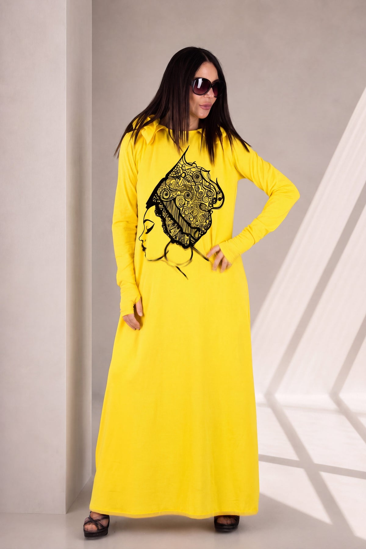 Yellow hooded maxi dress Ramy with African print - EUG Fashion

