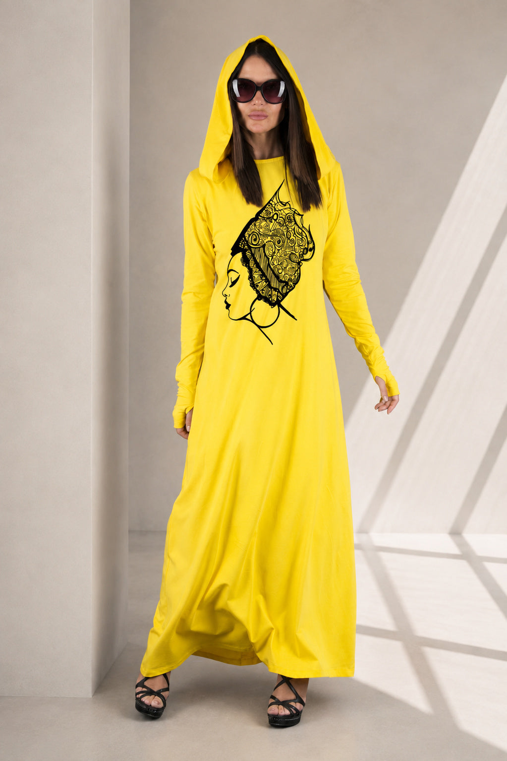Yellow hooded maxi dress Ramy with African print - EUG Fashion
