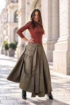 Military Green cotton skirt - red plaid contrast, asymmetric hem, waist pleats and adjustable suspenders, Zefira | EUG Fashion #military-green