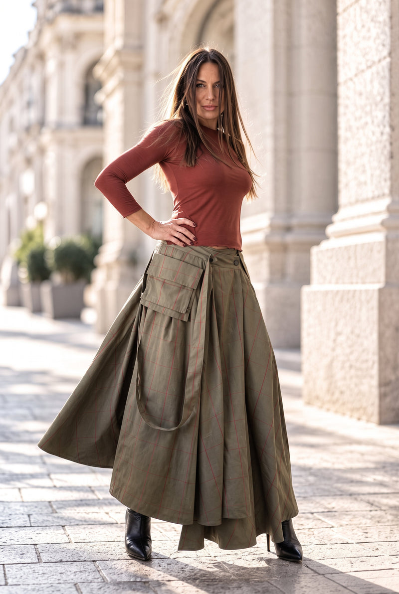 Military Green cotton skirt - red plaid contrast, asymmetric hem, waist pleats and adjustable suspenders, Zefira | EUG Fashion #military-green