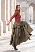 Military Green cotton skirt - red plaid contrast, asymmetric hem, waist pleats and adjustable suspenders, Zefira | EUG Fashion #military-green