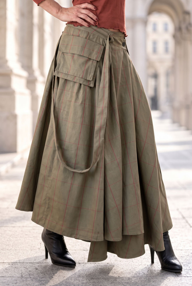 Military Green cotton skirt - red plaid contrast, asymmetric hem, waist pleats and adjustable suspenders, Zefira | EUG Fashion #military-green