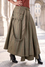Military Green cotton skirt - red plaid contrast, asymmetric hem, waist pleats and adjustable suspenders, Zefira | EUG Fashion #military-green