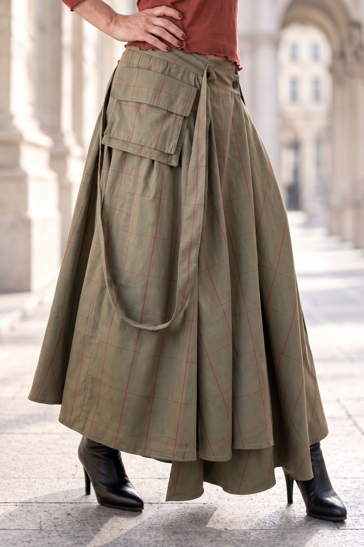 Military Green cotton skirt - red plaid contrast, asymmetric hem, waist pleats and adjustable suspenders, Zefira | EUG Fashion #military-green
