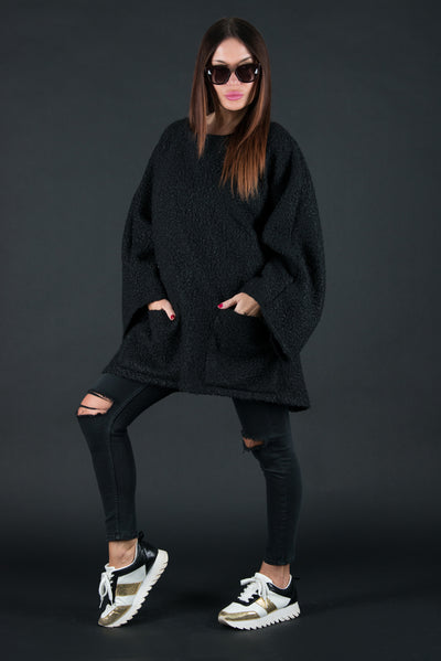 Wool Black Plus Size Winter Poncho, Tops & Tunics EugFashion 