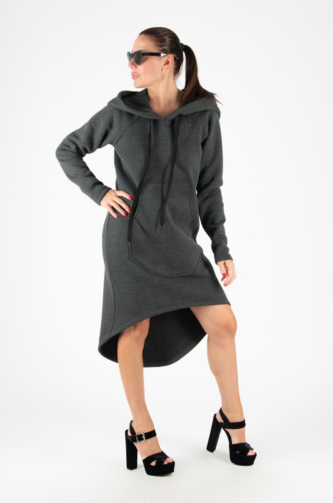 Asymmetric Dark Grey Hooded Dress - EugFashion – EUG FASHION