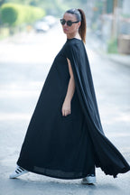 Black Cape Linen Dress JESSICA - EUG Fashion