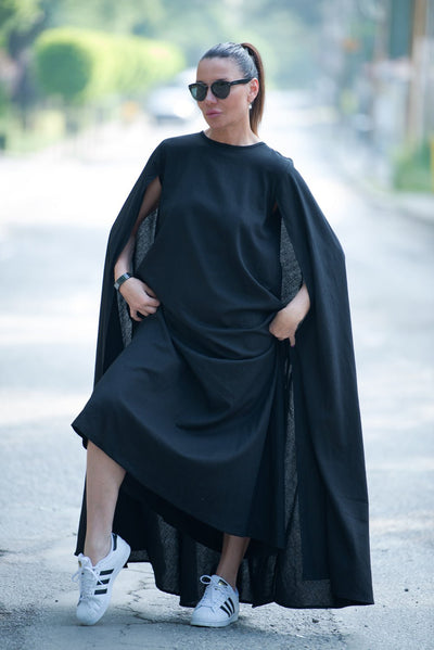 Black Cape Linen Dress JESSICA - EUG FASHION EugFashion 