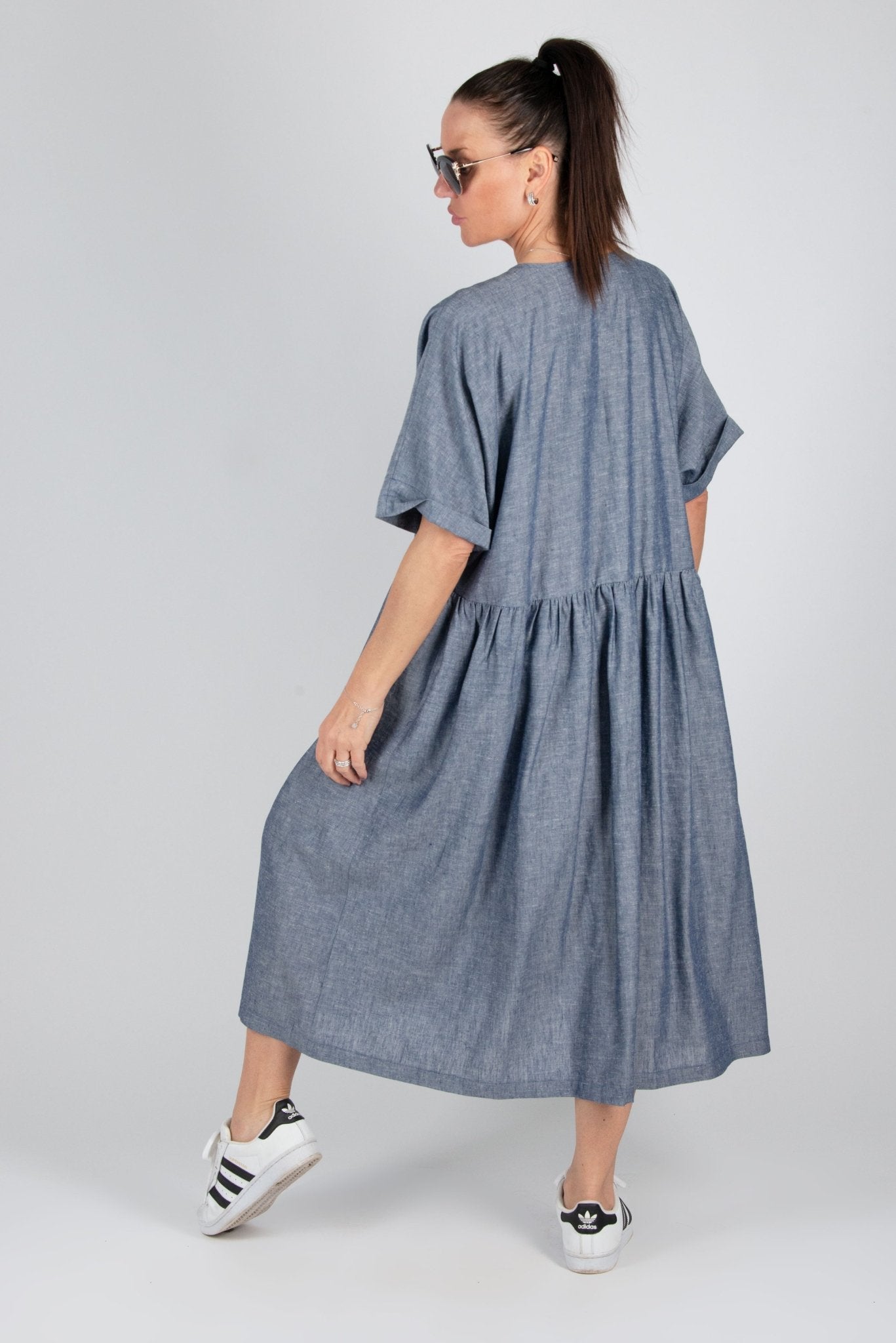 Blue Linen Summer Dress CRYSTAL - EUG FASHION EugFashion 