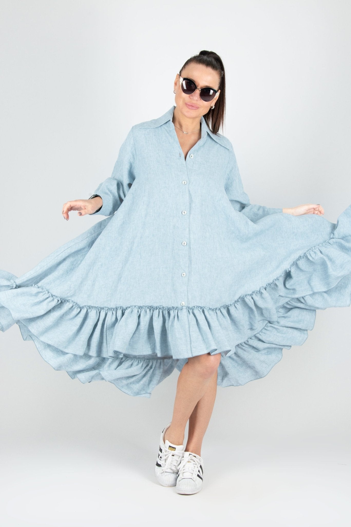Blue Linen summer Dress VANESA - EUG FASHION EugFashion 