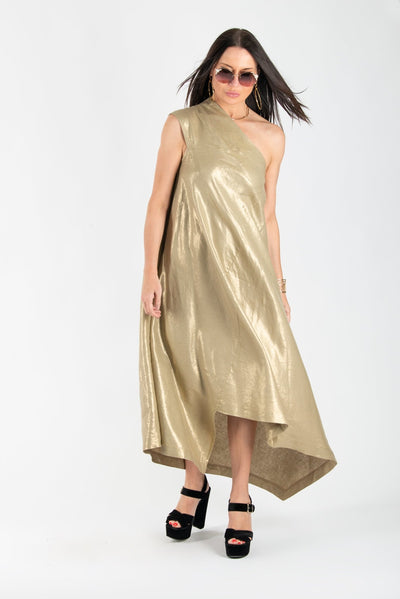 Golden Linen One Shoulder Dress TIFFANY - EUG FASHION EugFashion 