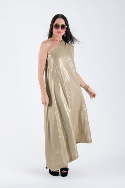 Golden Linen One Shoulder Dress TIFFANY - EUG FASHION EugFashion 