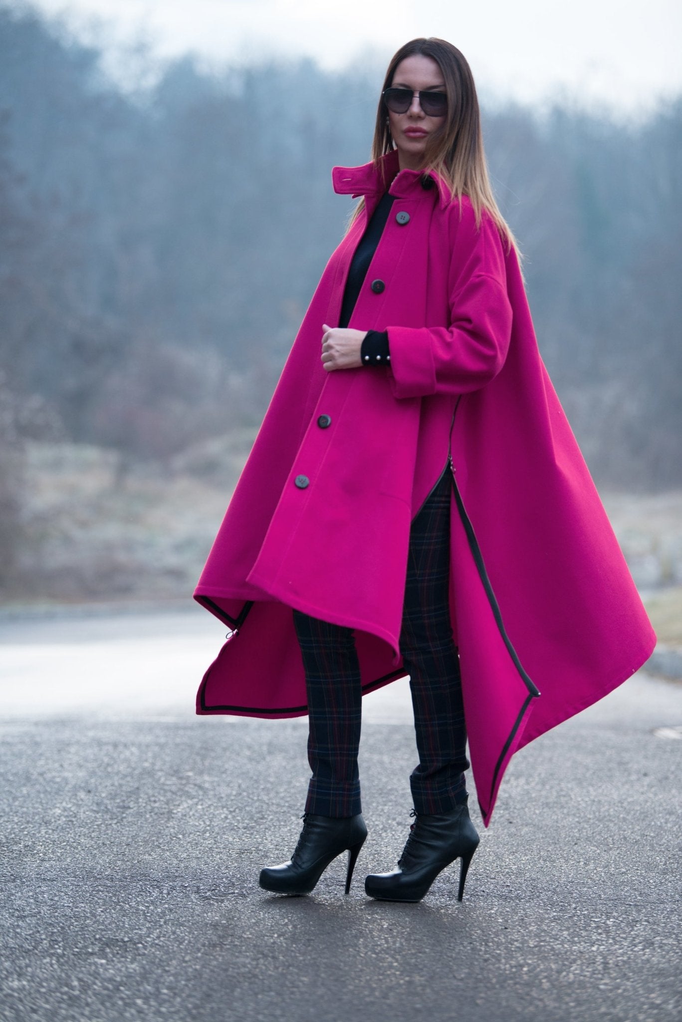 Hot Pink Women Loose Winter Coat FEDERICA - EUG FASHION EugFashion 