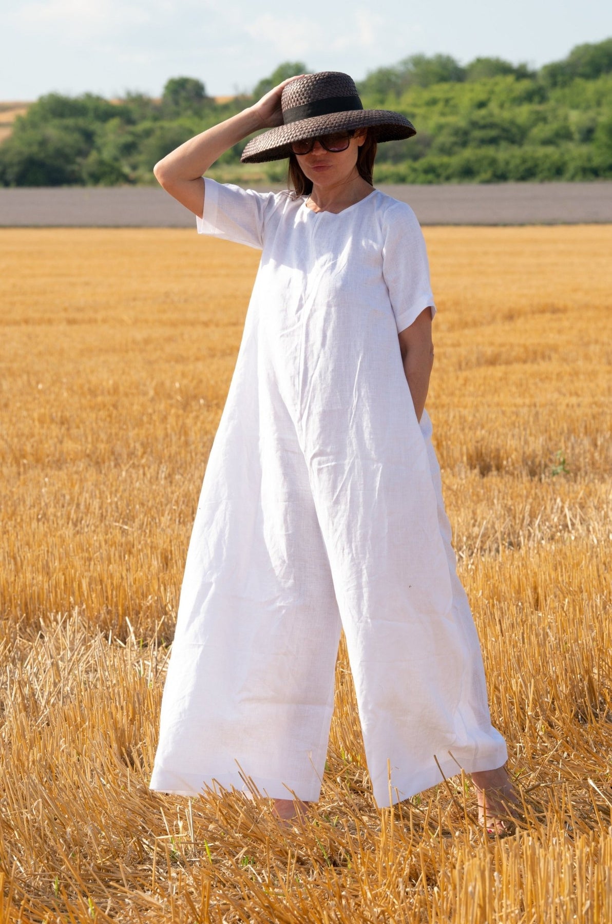 White Linen Wide Plus Size Jumpsuit VALENTIN | Jumpsuits for Women