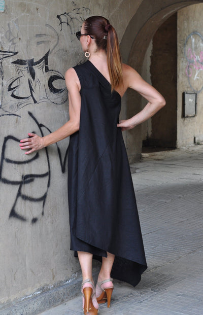 One Shoulder Black Linen Dress Tiffany SALE - EUG FASHION EugFashion 